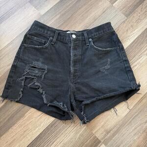 AGOLDE Distressed Black Denim Dee Shorts Size 28 High Rise Raw Hem